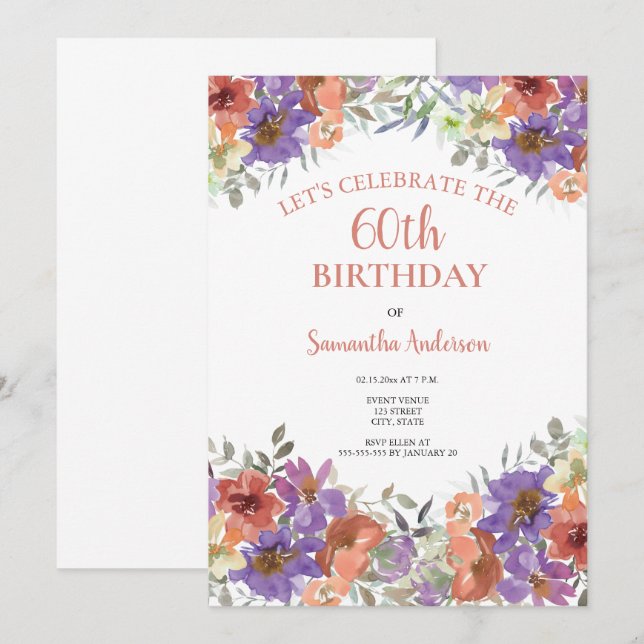 Invitation Elégante aquarelle 60e anniversaire Floral (Devant / Derrière)
