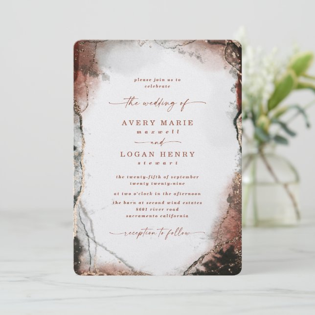 Invitation Elégante aquarelle Abstraite brûlée Mariage orange (Debout devant)
