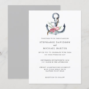 Invitation Elégante aquarelle Ancre marine Verdure