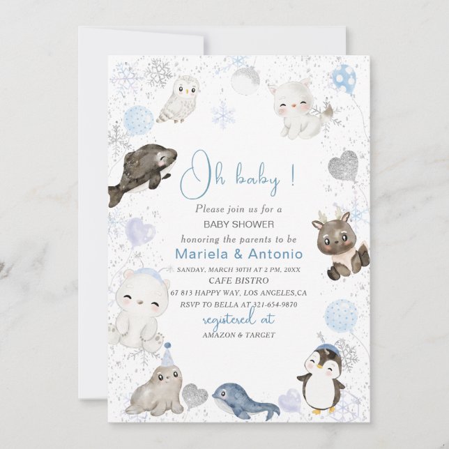 Invitation Elégante aquarelle Animaux arctiques d'hiver Baby  (Devant)