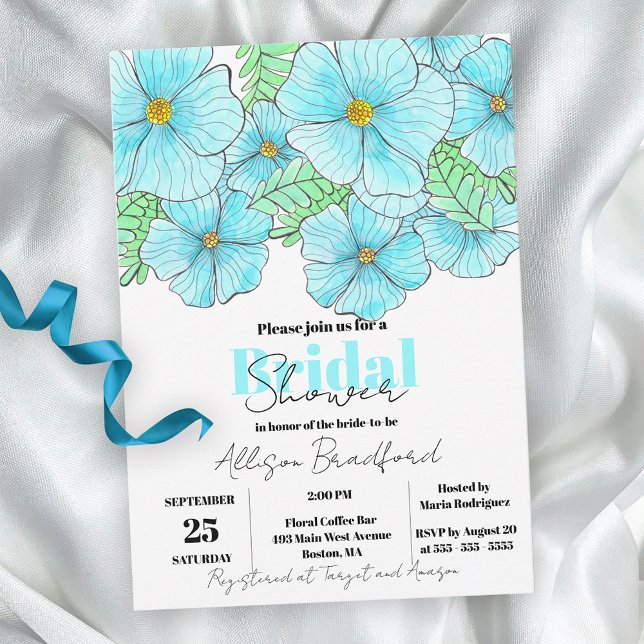 Invitation Elégante aquarelle Aqua Blue Flowers Fête des mari (Créateur téléchargé)