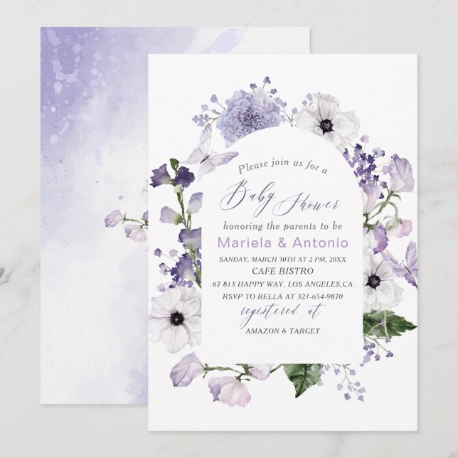 Invitation Elégante aquarelle Baby shower de fleurs Lilac (Devant / Derrière)