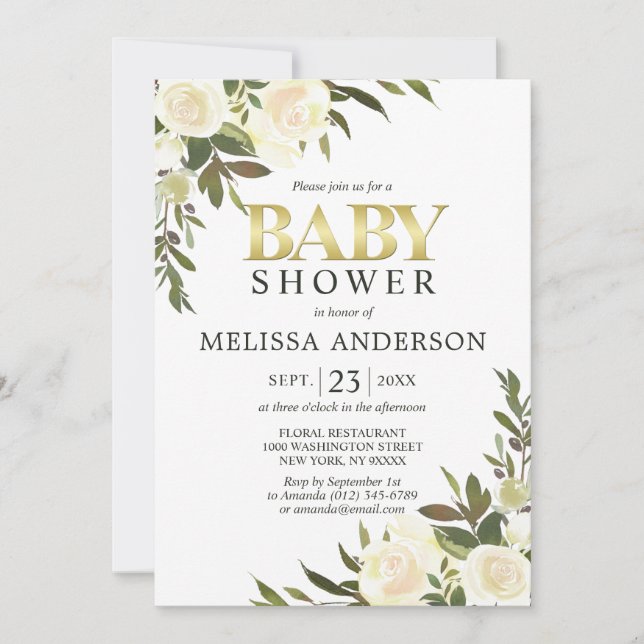 Invitation Elégante aquarelle Baby shower d'ivoire rose flora (Devant)