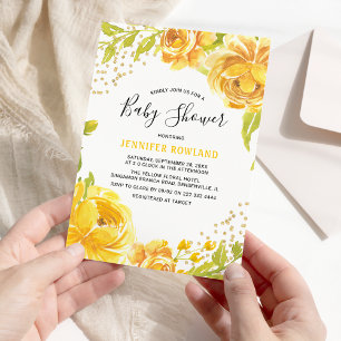 Invitation Elégante aquarelle Baby shower floral jaune