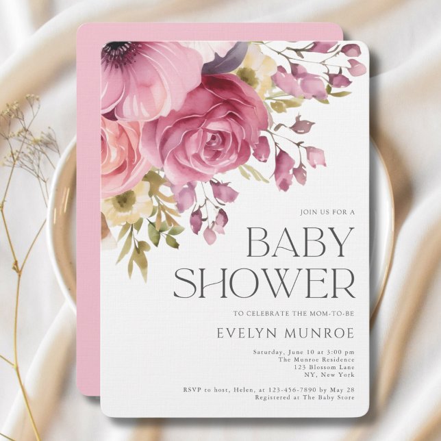 Invitation Elégante aquarelle Baby shower rose floral (Créateur téléchargé)