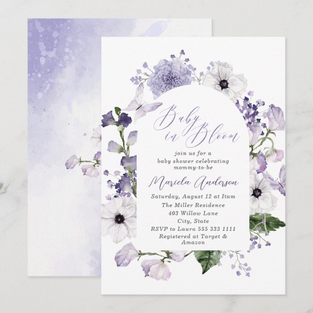 Invitation Elégante aquarelle bébé dans le sang Fleurs pourpr (Devant / Derrière)