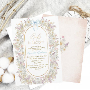 Invitation Elégante aquarelle bébé dans le sang Fleurs roses
