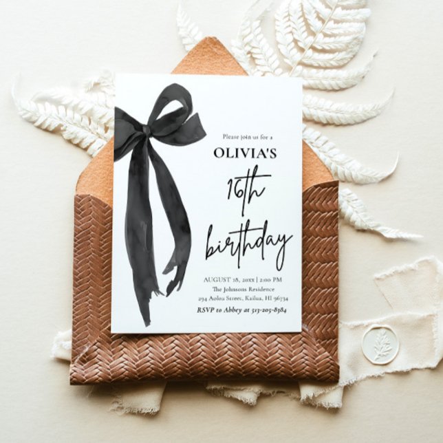 Invitation Elégante aquarelle Black Bow 16e fête d'anniversai (Watercolor Modern Elegant Coquette Black Bow Photo 16th Birthday Party Invitation)