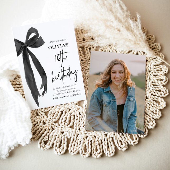 Invitation Elégante aquarelle Black Bow 16e fête d'anniversai (Watercolor Modern Elegant Coquette Black Bow Photo 16th Birthday Party Invitation)