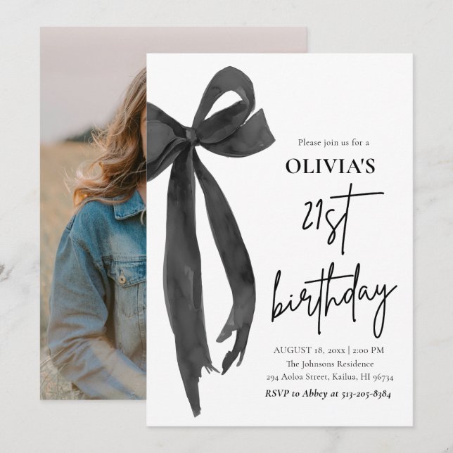 Invitation Elégante aquarelle Black Bow 21e fête d'anniversai (Devant / Derrière)