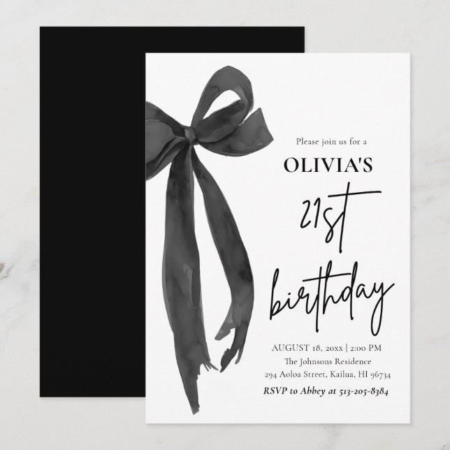 Invitation Elégante aquarelle Black Bow 21e fête d'anniversai (Devant / Derrière)