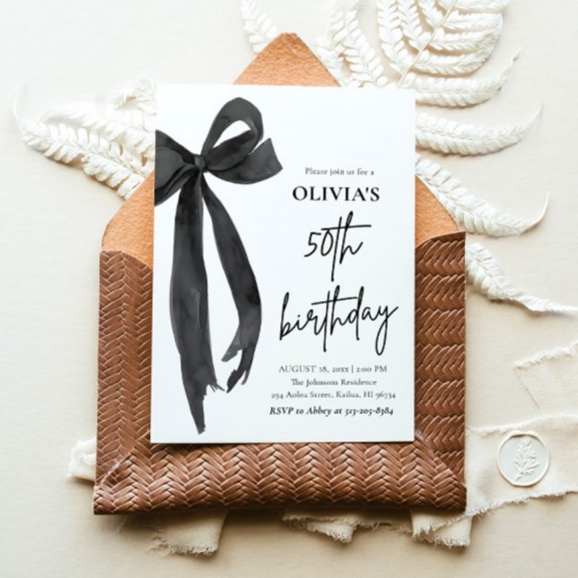 Invitation Elégante aquarelle Black Bow 50e fête d'anniversai (Watercolor Modern Elegant Coquette Black Bow Photo 50th Birthday Party Invitation)