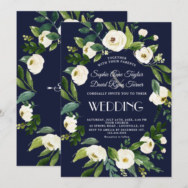 Invitation Elégante aquarelle blanc Floral bleu foncé Mariage (Devant / Derrière)