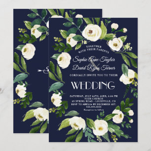 Invitation Elégante aquarelle blanc Floral bleu foncé Mariage