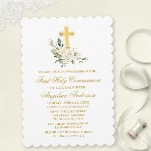 Invitation Elégante aquarelle blanc Floral Gold Communion