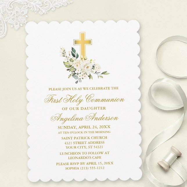 Invitation Elégante aquarelle blanc Floral Gold Communion (Customize to change text color, size, style or to add photos or more text to back of card.)
