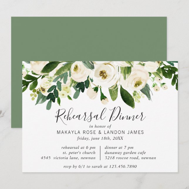 Invitation Elégante aquarelle blanche Dîner de répétition flo (Devant / Derrière)