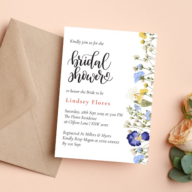 Invitation Elégante aquarelle blanche Fête des mariées floral (Créateur téléchargé)