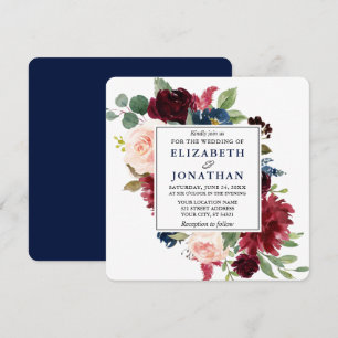 Invitation Elégante aquarelle Bleu Bourgogne Mariage Floral S