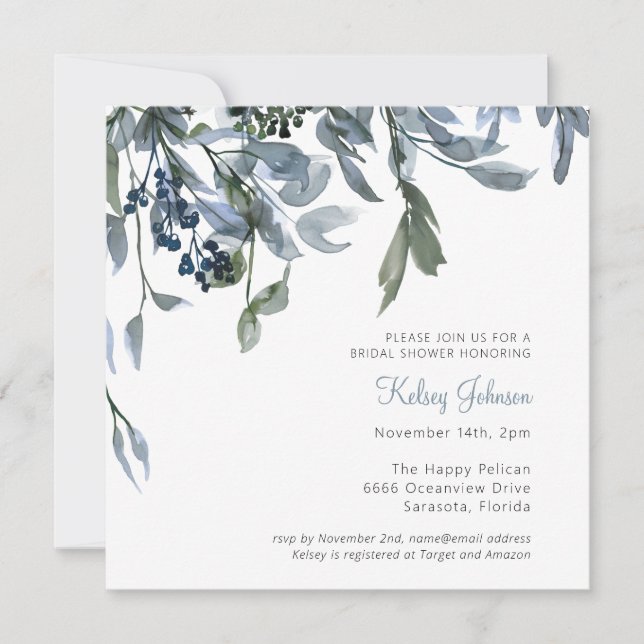 Invitation Elégante aquarelle bleu Dusty Fête des mariées flo (Devant)