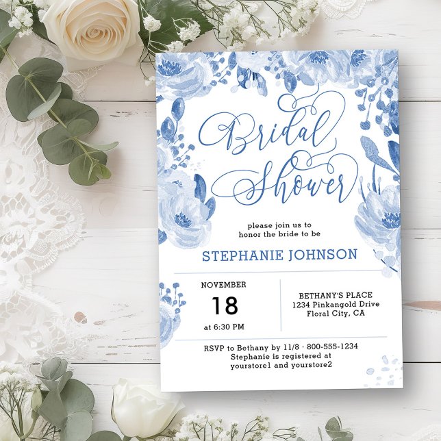 Invitation Elégante aquarelle bleu Dusty Fête des mariées flo (Bridal Shower Invitation from my Dusty Blue Watercolor Floral Bridal Shower)