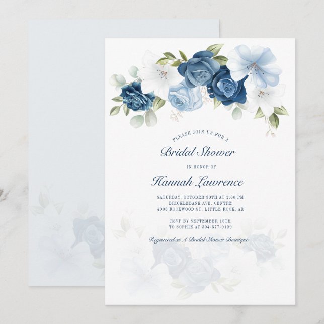 Invitation Elégante aquarelle bleu Dusty Fête des mariées flo (Devant / Derrière)