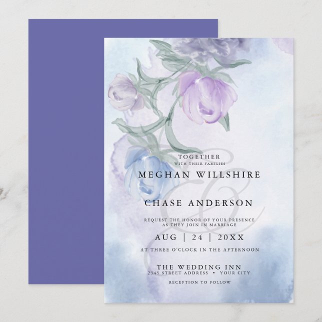 Invitation Elégante aquarelle bleu Dusty Floral (Devant / Derrière)