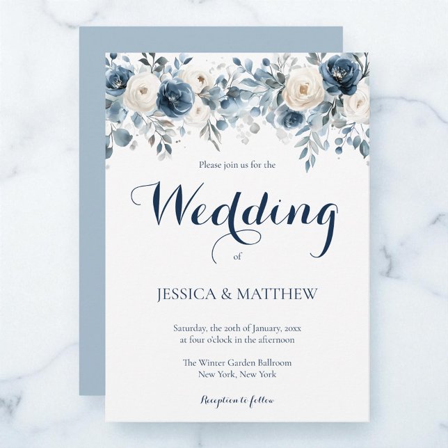 Invitation Elégante aquarelle bleu Dusty Mariage floral blanc (Elegant Watercolor Dusty Blue White Floral Wedding Invitation)