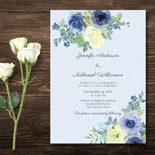 Invitation Elégante aquarelle bleu et ivoire Rose Mariage