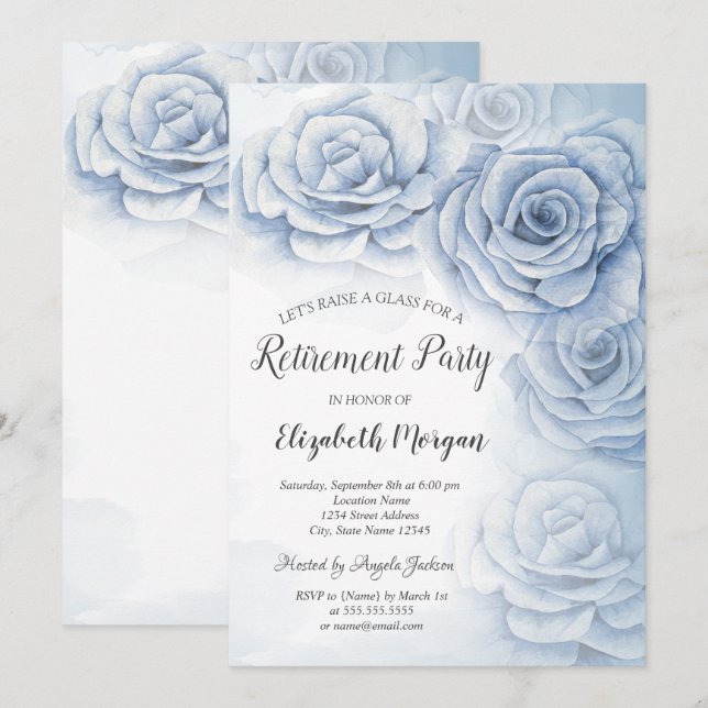 Invitation Élégante aquarelle bleu Fleurs Retraite (Devant / Derrière)
