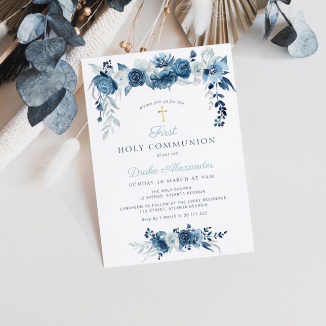 Invitation Elégante aquarelle bleu floral première communion (Créateur téléchargé)