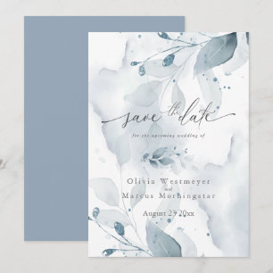 Invitation Elégante aquarelle Bleu Foliage Enregistrer la dat