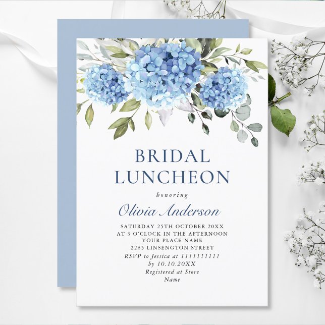Invitation Elégante aquarelle bleu Hydrangea BRIDAL LUNCHEON (Créateur téléchargé)