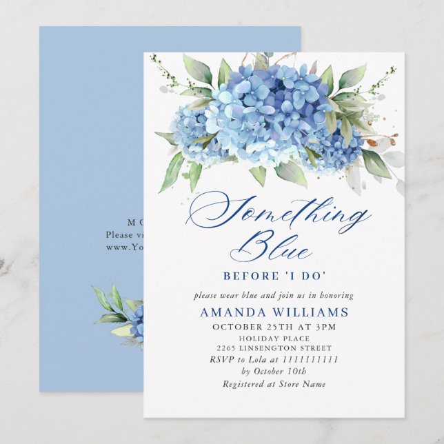 Invitation Elégante aquarelle bleu Hydrangea FÊTE DES MARIÉES (Devant / Derrière)