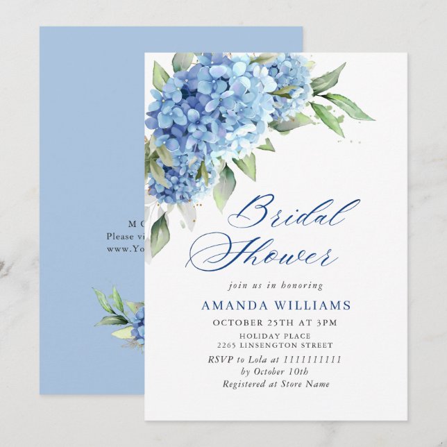Invitation Elégante aquarelle bleu Hydrangea FÊTE DES MARIÉES (Devant / Derrière)