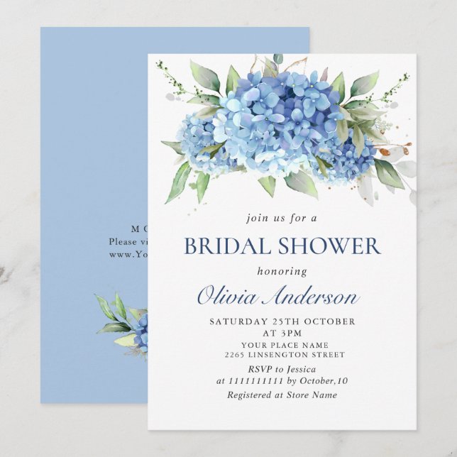 Invitation Elégante aquarelle bleu Hydrangea FÊTE DES MARIÉES (Devant / Derrière)