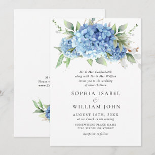 Invitation Elégante aquarelle bleu Hydrangea Mariage floral