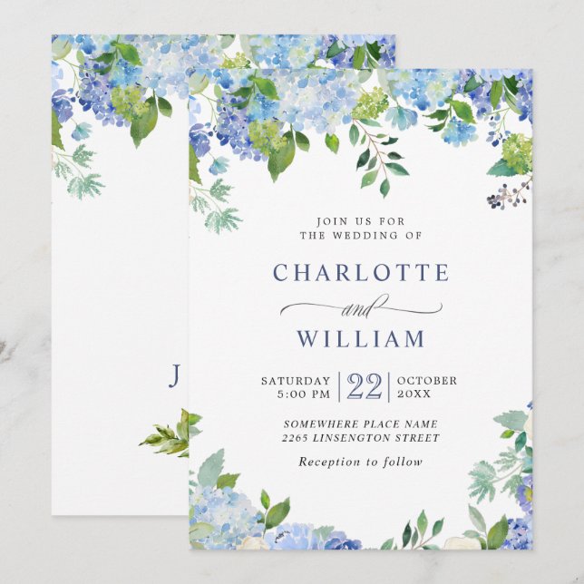 Invitation Elégante aquarelle bleu Hydrangea Mariage floral (Devant / Derrière)
