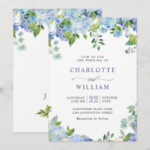 Invitation Elégante aquarelle bleu Hydrangea Mariage floral