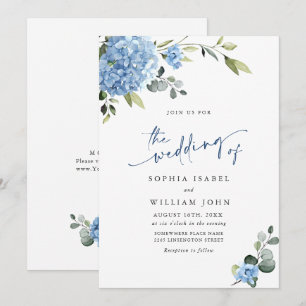 Invitation Elégante aquarelle bleu Hydrangea Mariage floral
