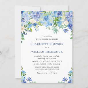 Invitation Elégante aquarelle bleu Hydrangea Mariage floral