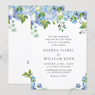 Invitation Elégante aquarelle bleu Hydrangea Mariage floral