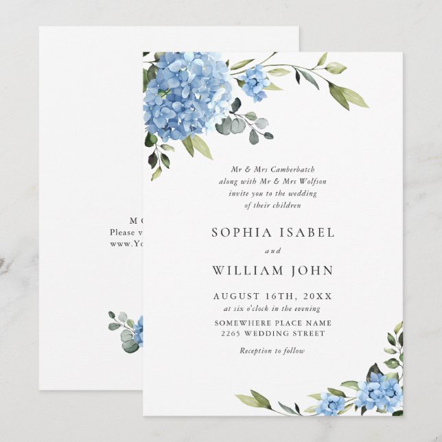 Invitation Elégante aquarelle bleu Hydrangea Mariage floral (Devant / Derrière)