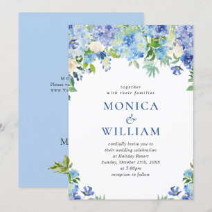 Invitation Elégante aquarelle bleu Hydrangea Mariage floral