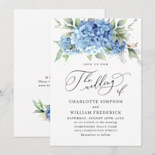Invitation Elégante aquarelle bleu Hydrangea Mariage floral
