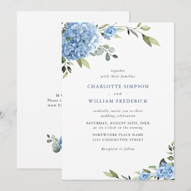 Invitation Elégante aquarelle bleu Hydrangea Mariage floral (Devant / Derrière)