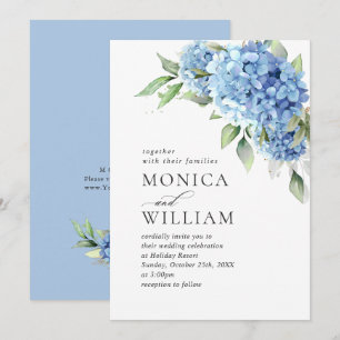 Invitation Elégante aquarelle bleu Hydrangea Mariage floral