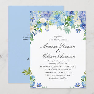 Invitation Elégante aquarelle bleu Hydrangea Mariage floral