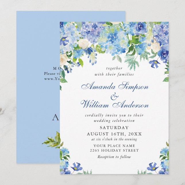 Invitation Elégante aquarelle bleu Hydrangea Mariage floral (Devant / Derrière)