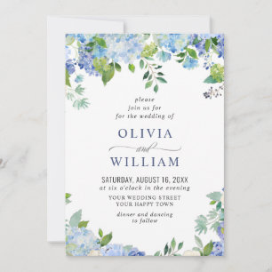 Invitation Elégante aquarelle bleu Hydrangea Mariage floral